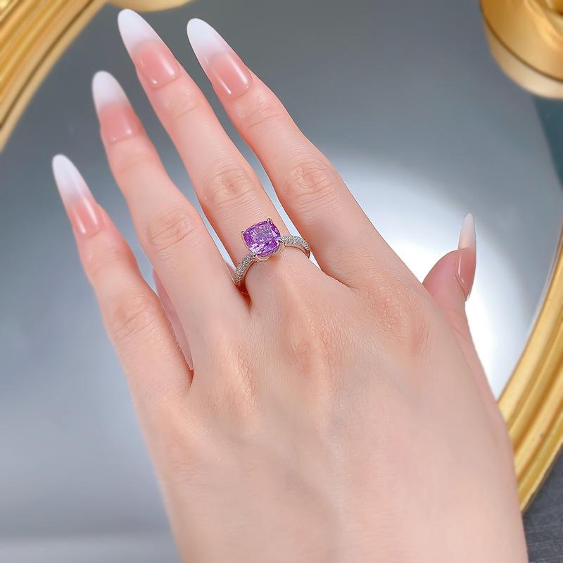 S925 Sterling Silver Purple Square Four-claws Ring 8*8mm 6A Cubic Zirconia Ring-419(25%)