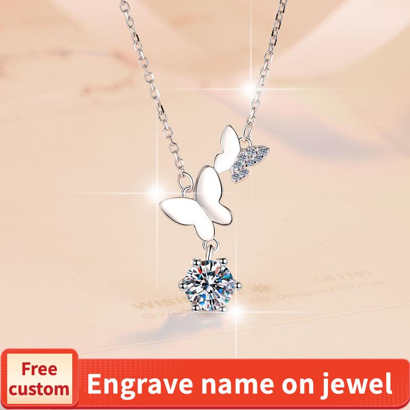 NO.199 S925 Sterling Silver Butterfly Necklace Synthetic Moissanite Necklace Birthday Gift Minimalist Pendant Necklace Springtok