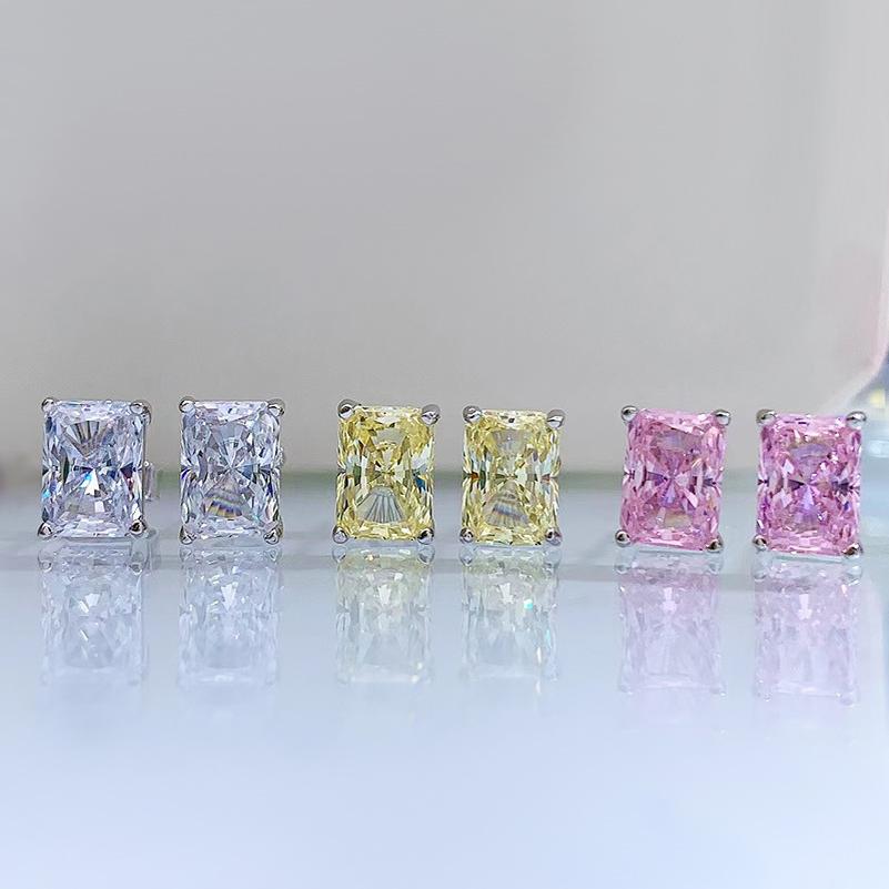 NO.182 S925 Sterling Silver Ice Flower Cut Rectangular Stud Earrings 1 cart 5*7MM 8A Cubic Zirconia Stud Earrings Glittering daily life Earrings Springtok