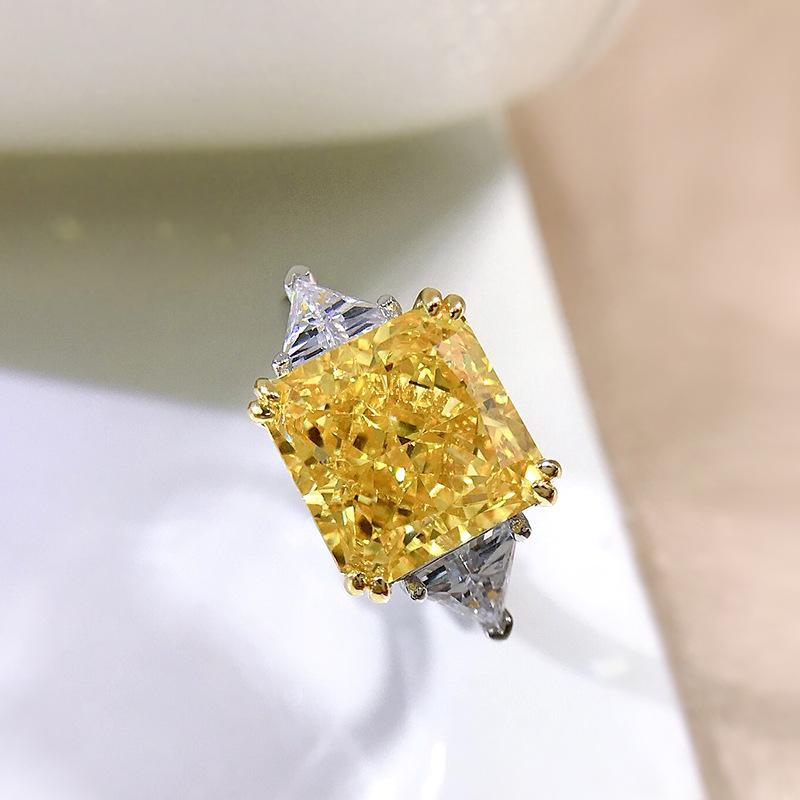 S925 Sterling Silver Yellow Three stones Square 10*10mm 5Carats 8A Cubic Zirconia Ring-153(45%)