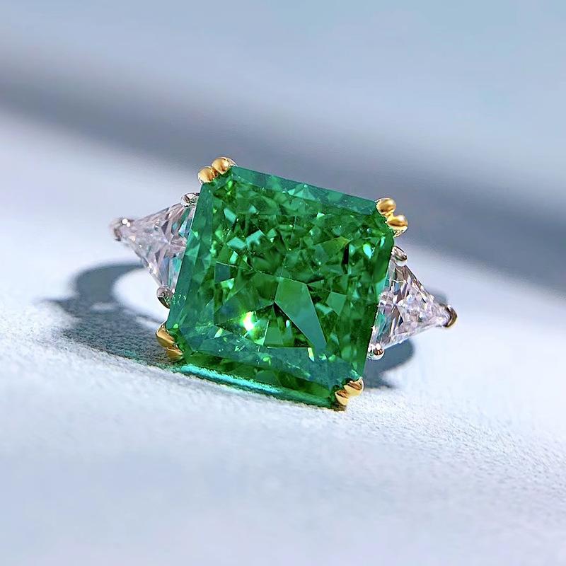 S925 Sterling Silver Green Three stones Square 10*10mm 6A Cubic Zirconia Ring-138(45%)