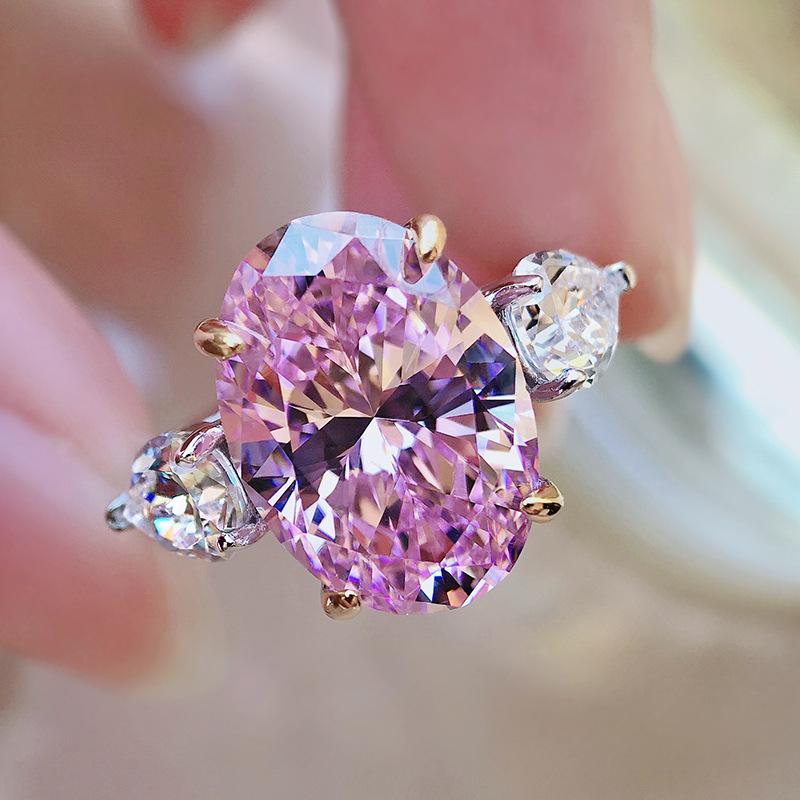 S925 Sterling Silver Purple Three-stones Oval Cut Oval Ring 10*14mm 6A Cubic Zirconia Ring Purple/Yellow/White-365(35%)