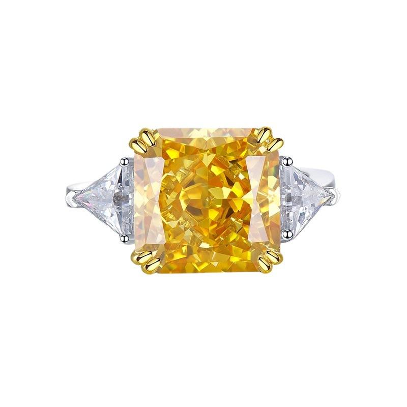 S925 Sterling Silver Yellow Three stones Square 10*10mm 5Carats 8A Cubic Zirconia Ring-153(45%)