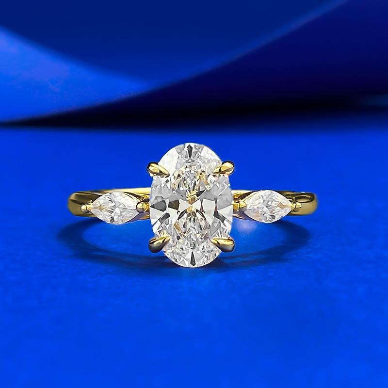 S925 Sterling Silver Tiny Oval Three Stone Ring 6*9mm 6A Cubic Zirconia Ring-146(45%)