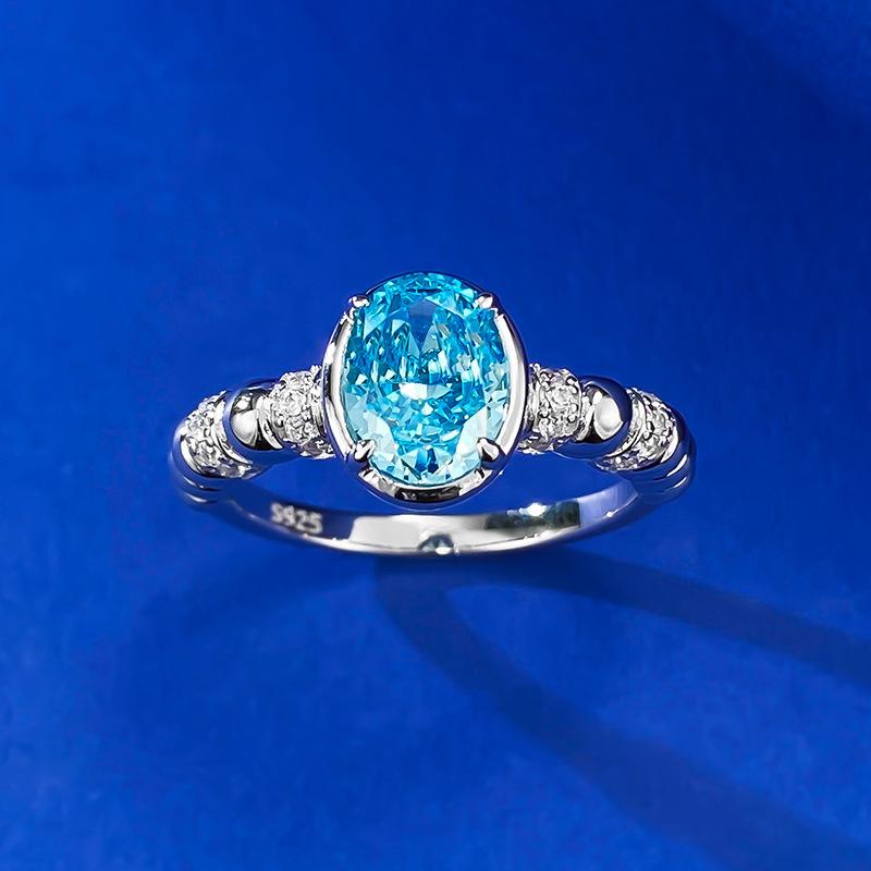 S925 Sterling Silver Light Sea Blue Round Ice Flower Cut 6*8 mm  8A Cubic Zirconia Ring-434(25%)