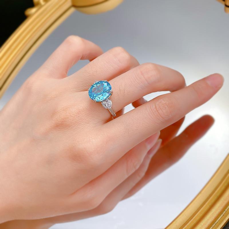S925 Sterling Silver Aquamarine Three-stones Ice Flower Cut Oval Ring 10*12mm 8A Cubic Zirconia Ring-366(35%)