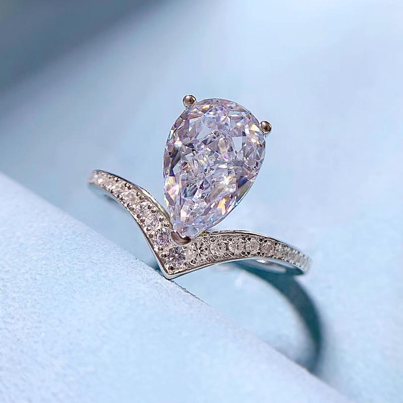 S925 Sterling Silver Purple/White Pear Shaped 7*11mm 8A Cubic Zirconia Ring-442 emerald  ring(25%)