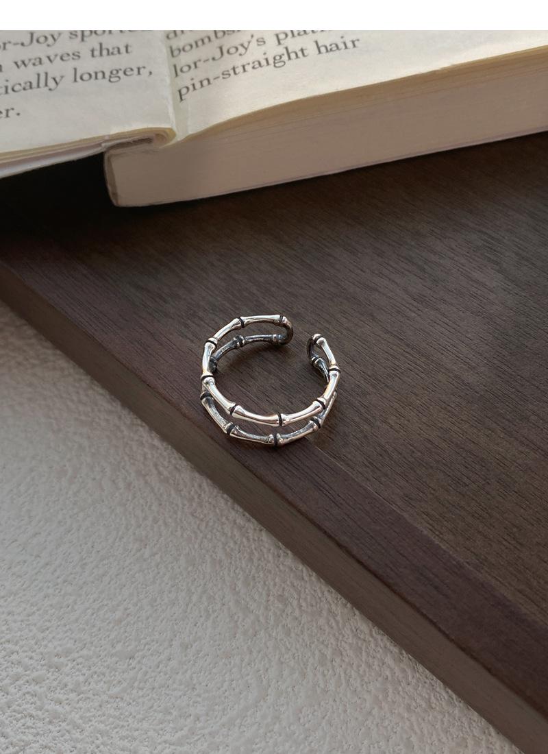S925 Sterling Silver Vintage Distressed Double Layer Bamboo Knot Ring for Women Open Ring - 502(45%)