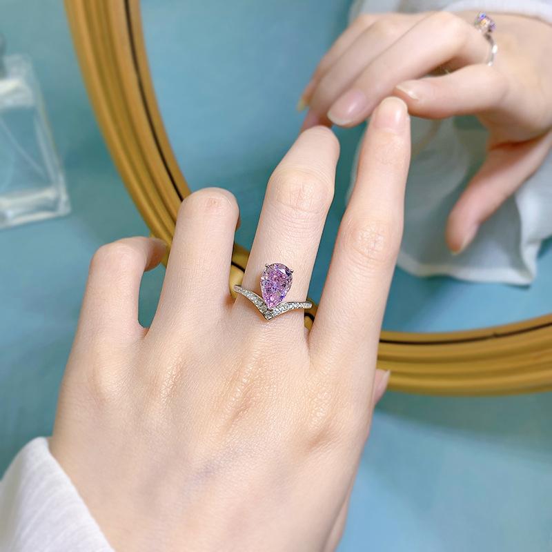 S925 Sterling Silver Purple/White Pear Shaped 7*11mm 8A Cubic Zirconia Ring-442 emerald  ring(25%)