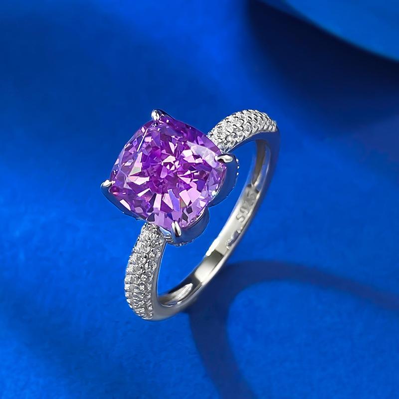 S925 Sterling Silver Purple Square Four-claws Ring 8*8mm 6A Cubic Zirconia Ring-419(25%)