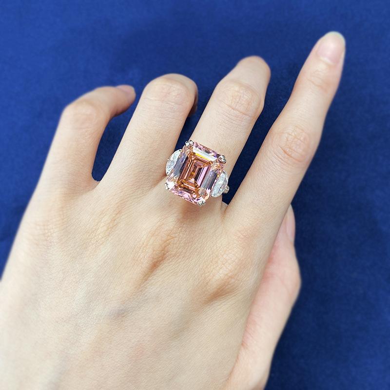 S925 Sterling Silver Orange Pink Grandma Asscher Cut Rectangular Ring 13*16mm 8A Cubic Zirconia Ring 15carats-132(45%)