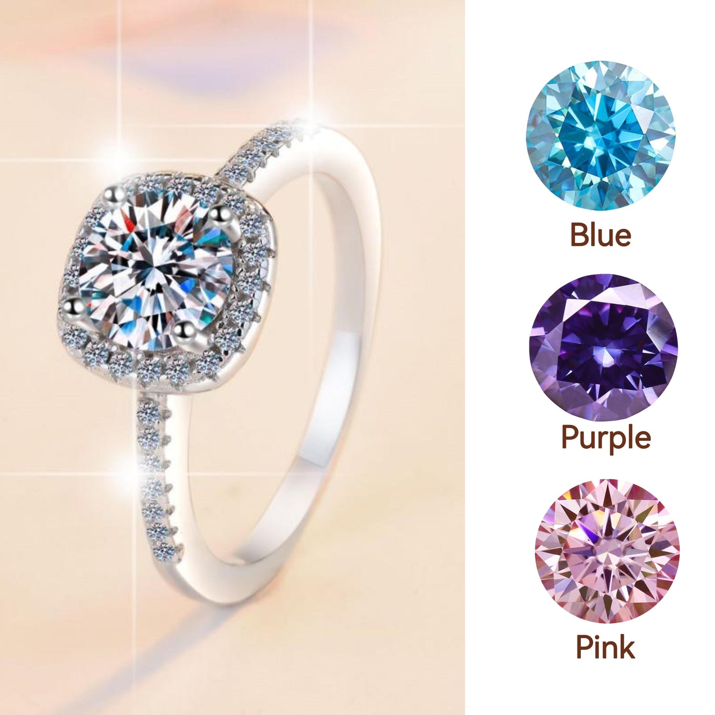 16. S925 Sterling Silver D Color Synthetic Moissanite Square Ring/1 Carat/2 Carat/ Blue/Pink/Purple/High Grade Synthetic Moissanite