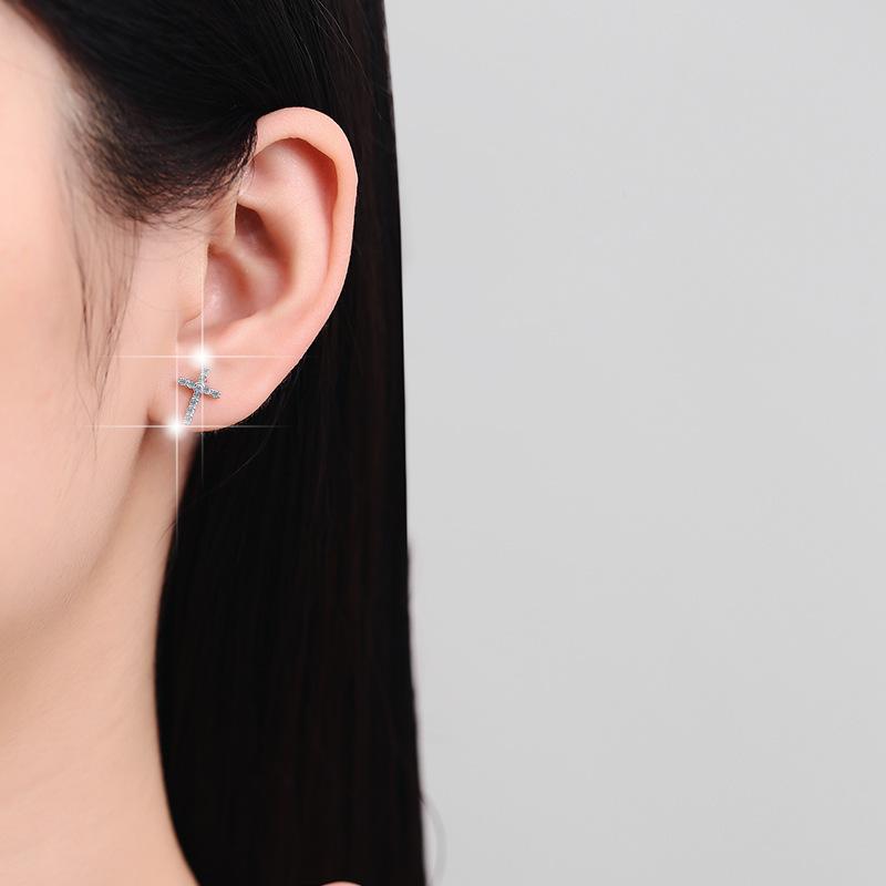 S925 Sterling Silver Cross Ear Stud Synthetic Moissanite Ear Stud Daily Life Earrings(35%)-612