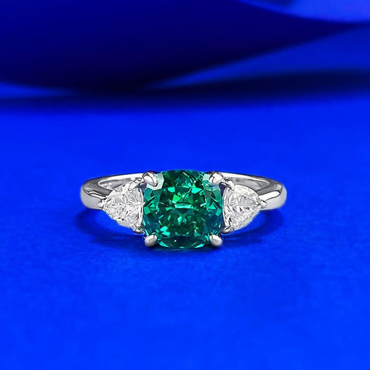S925 Sterling Silver Green Ice Flower Cut Three Stones Square Four Claws Ring 7*7mm 2 Carat 6A Cubic Zirconia Ring-455(25%)