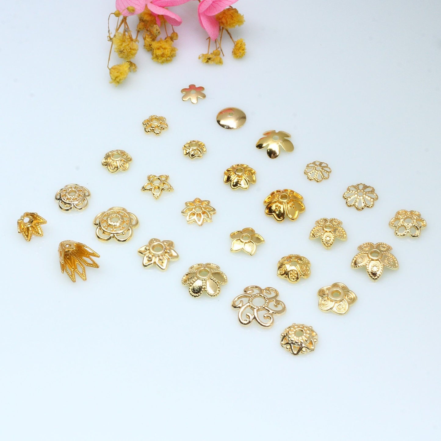 Hollow Petal Alloy Bead Holder For Jewelry DIY，100 pcs, Covered By 14/18K Real Gold Or Silver