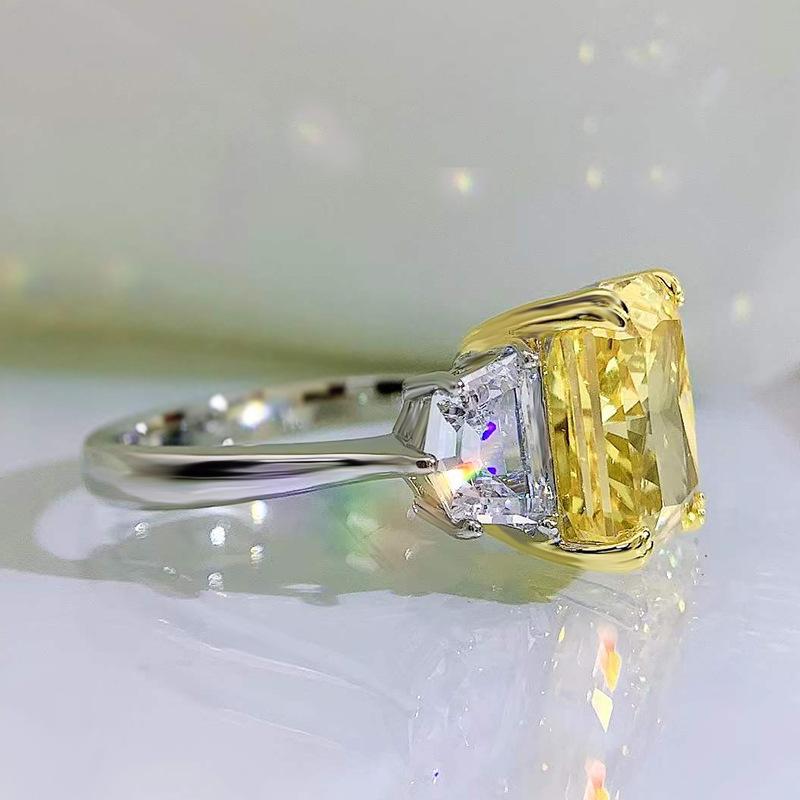 S925 Sterling Silver Yellow/Purple Radiant Cut High Carbon Three Stones Ring 10*12mm 8A Cubic Zirconia Ring-454(25%)