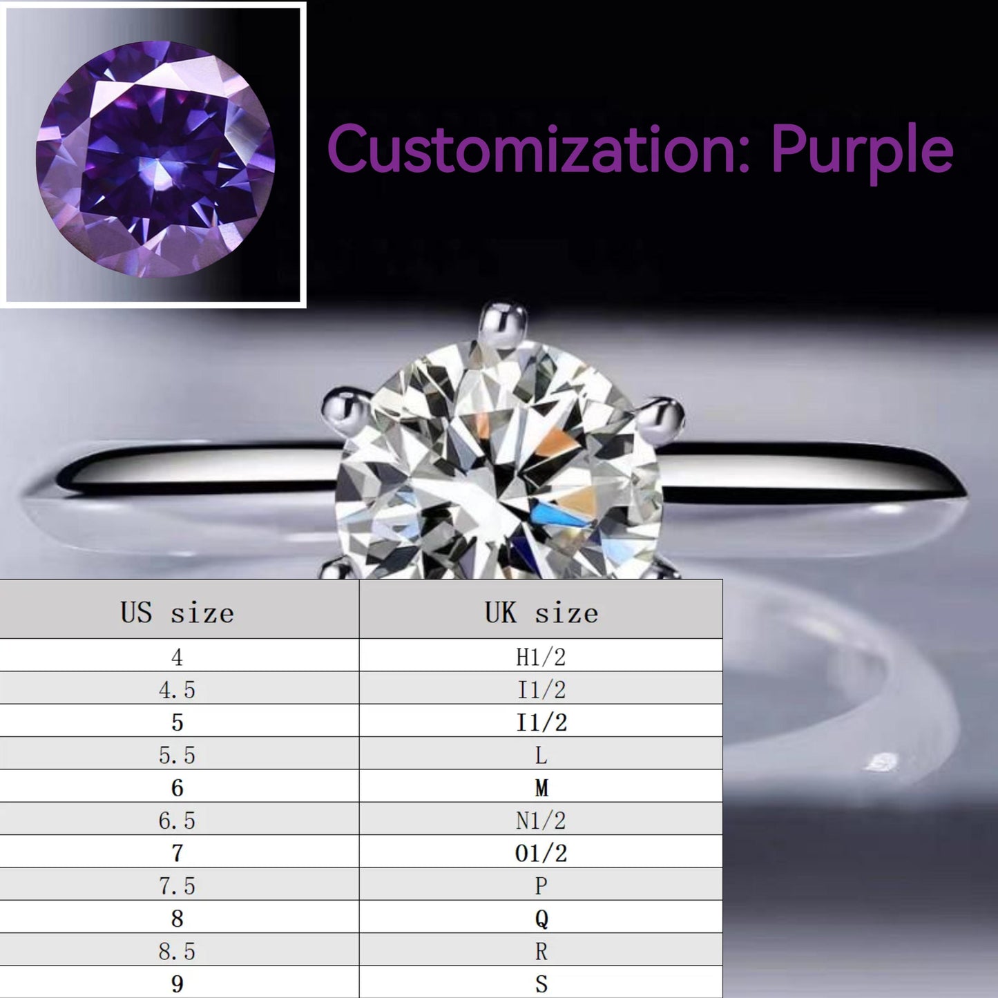 Purple-S925 Sterling Silver D Color Synthetic Moissanite Six-claws Ring 1/2/3/5 Carat-235(35%)