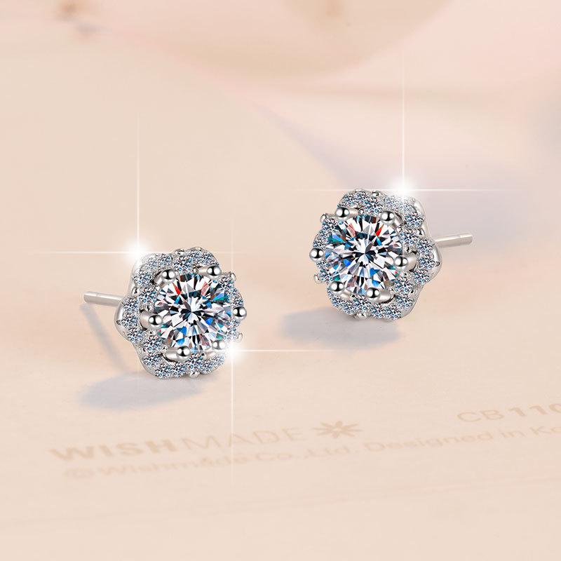 S925 Sterling Silver Little Flower Ear Stud Plum Blossom Synthetic Moissanite Earrings Daily Life Earrings(35%)-624