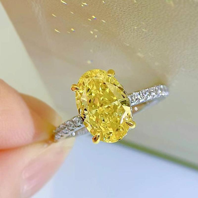 S925 Sterling Silver Yellow Radiant Cut Oval Ring 8*12mm 6A Cubic Zirconia Ring-247(35%)