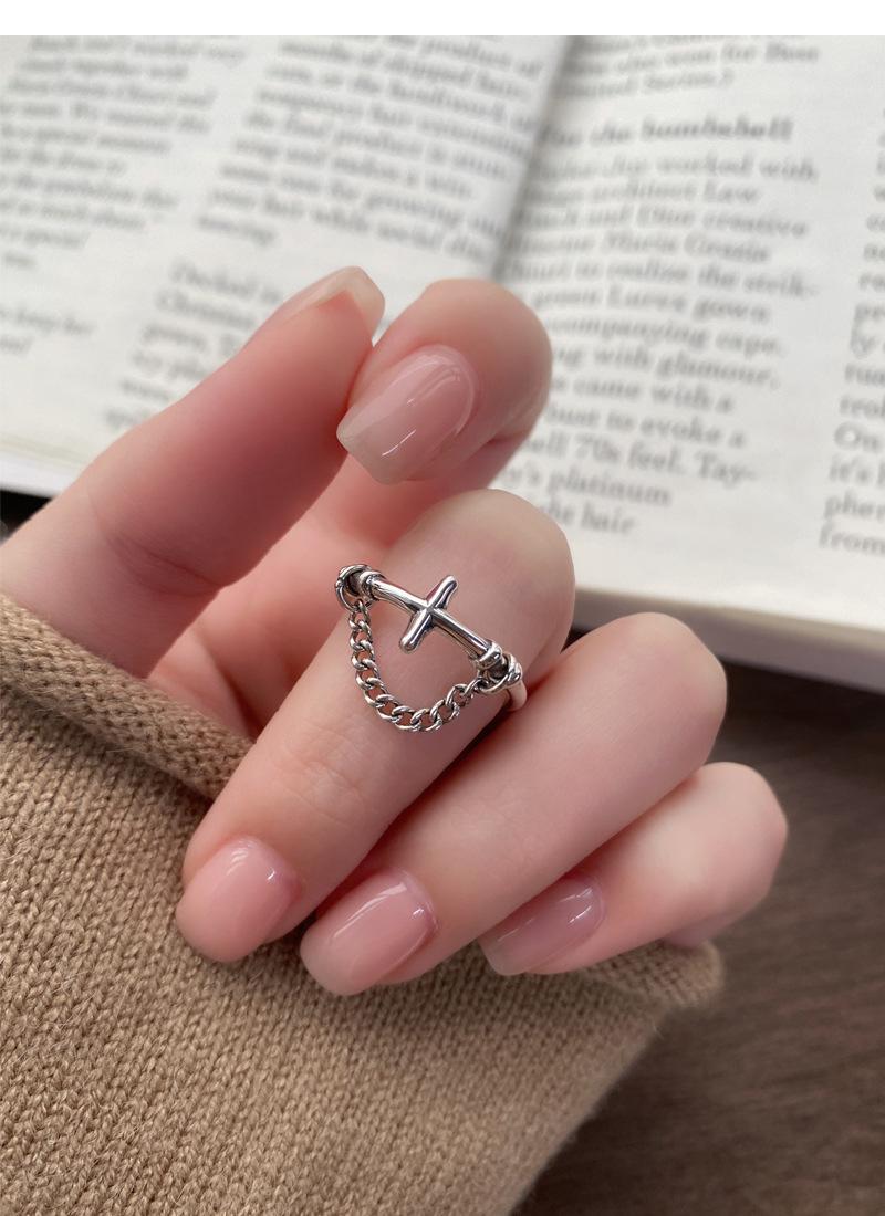 S925 Sterling Silver Vintage Chain Cross Silver Ring for Women - 505(45%)