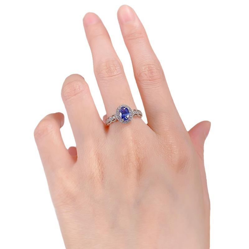 S925 Sterling Silver Blue Cushion Cut Oval Ring 5*7mm 6A Cubic Zirconia Ring-337(35%)