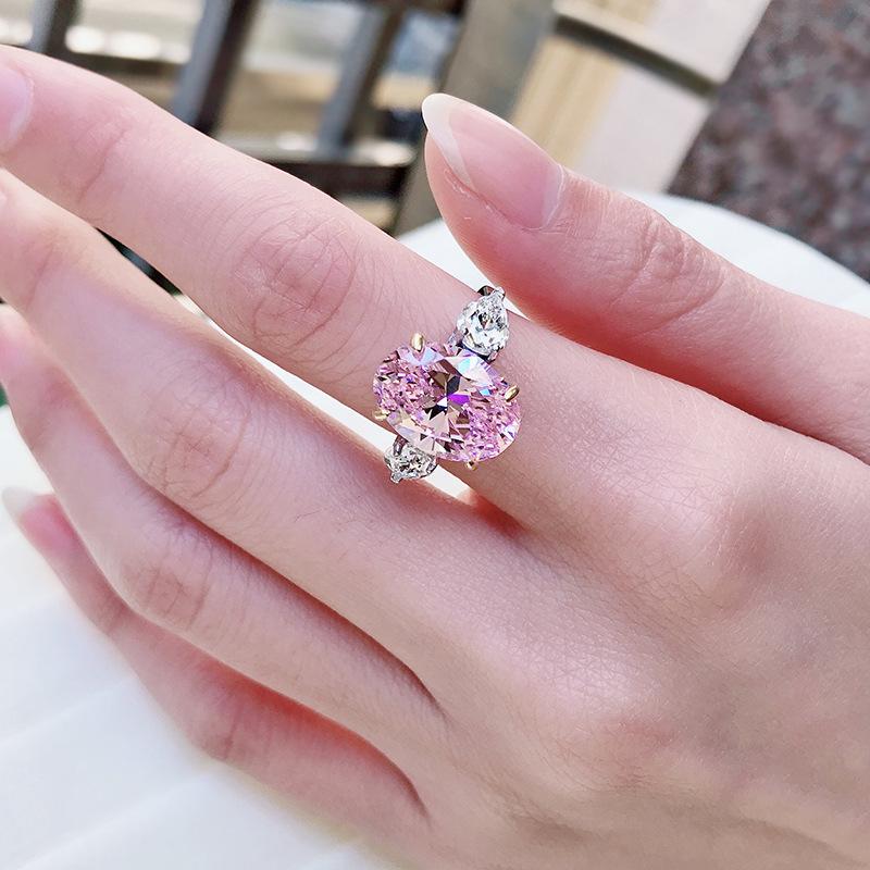 S925 Sterling Silver Purple Three-stones Oval Cut Oval Ring 10*14mm 6A Cubic Zirconia Ring Purple/Yellow/White-365(35%)