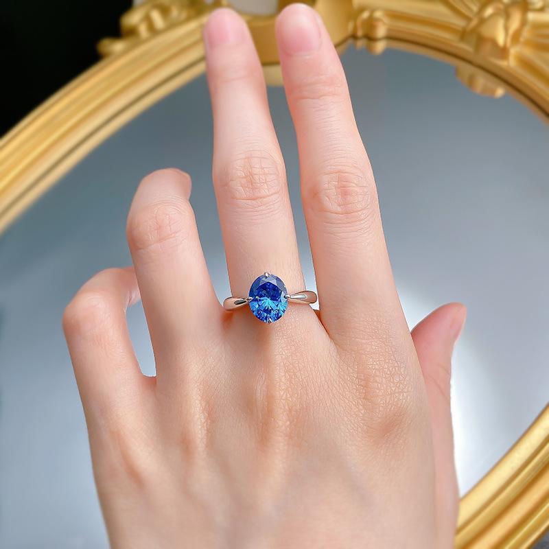 S925 Sterling Silver Blue Oval Cut Oval Ring 8*10mm 6A Cubic Zirconia Ring-374(35%)