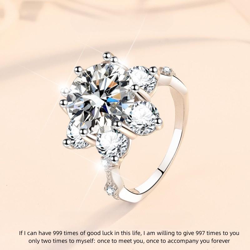 64. S925 Sterling Silver Synthetic Moissanite Ring Flower Ring