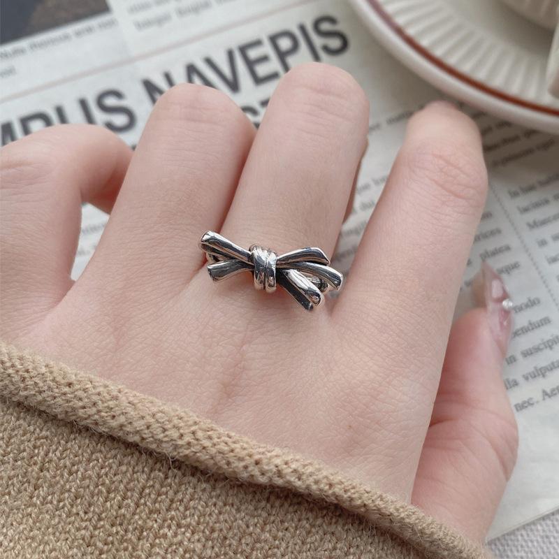 S925 Sterling Silver Vintage Distressed Bow Knot Ring for Women Open Ring -517(45%)