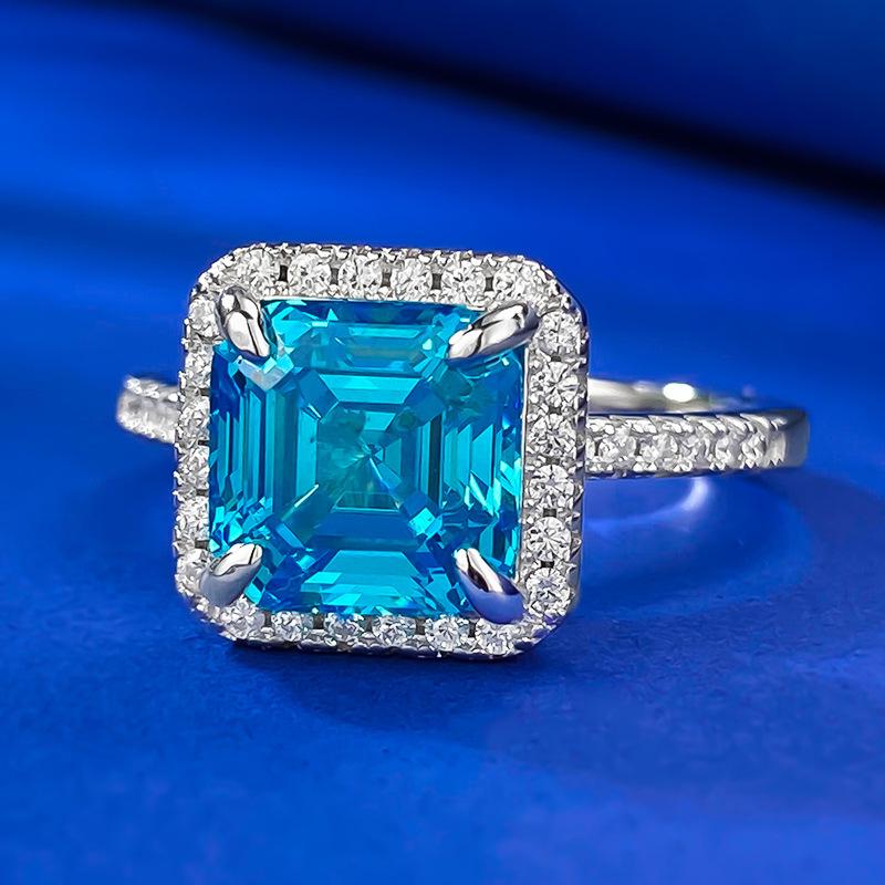 S925 Sterling Silver  Aquamarine Square Cushion 8*8mm 6A Cubic Zirconia Ring-436(25%)