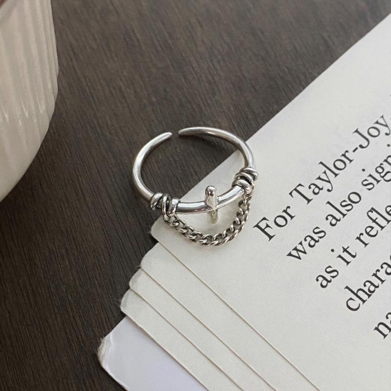 S925 Sterling Silver Vintage Chain Cross Silver Ring for Women - 505(45%)