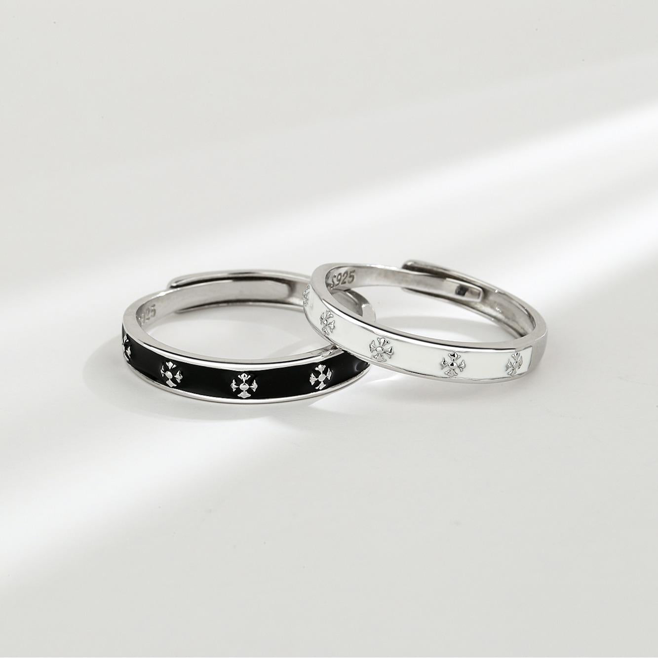 S925 Sterling Silver Simple Couple Rings Black and White Matte Rhombus Design-484(45%)
