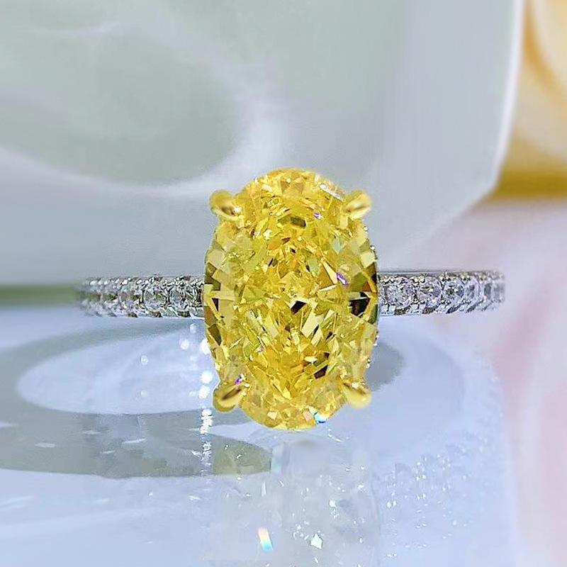 S925 Sterling Silver Yellow Radiant Cut Oval Ring 8*12mm 6A Cubic Zirconia Ring-247(35%)