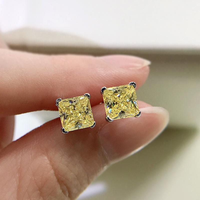 S925 Sterling Silver Ice Flower Cut Simple Princess Square Stud Earrings 6 * 6mm 8A Cubic Zirconia Stud Earrings Daily Life Earrings(35%)-644