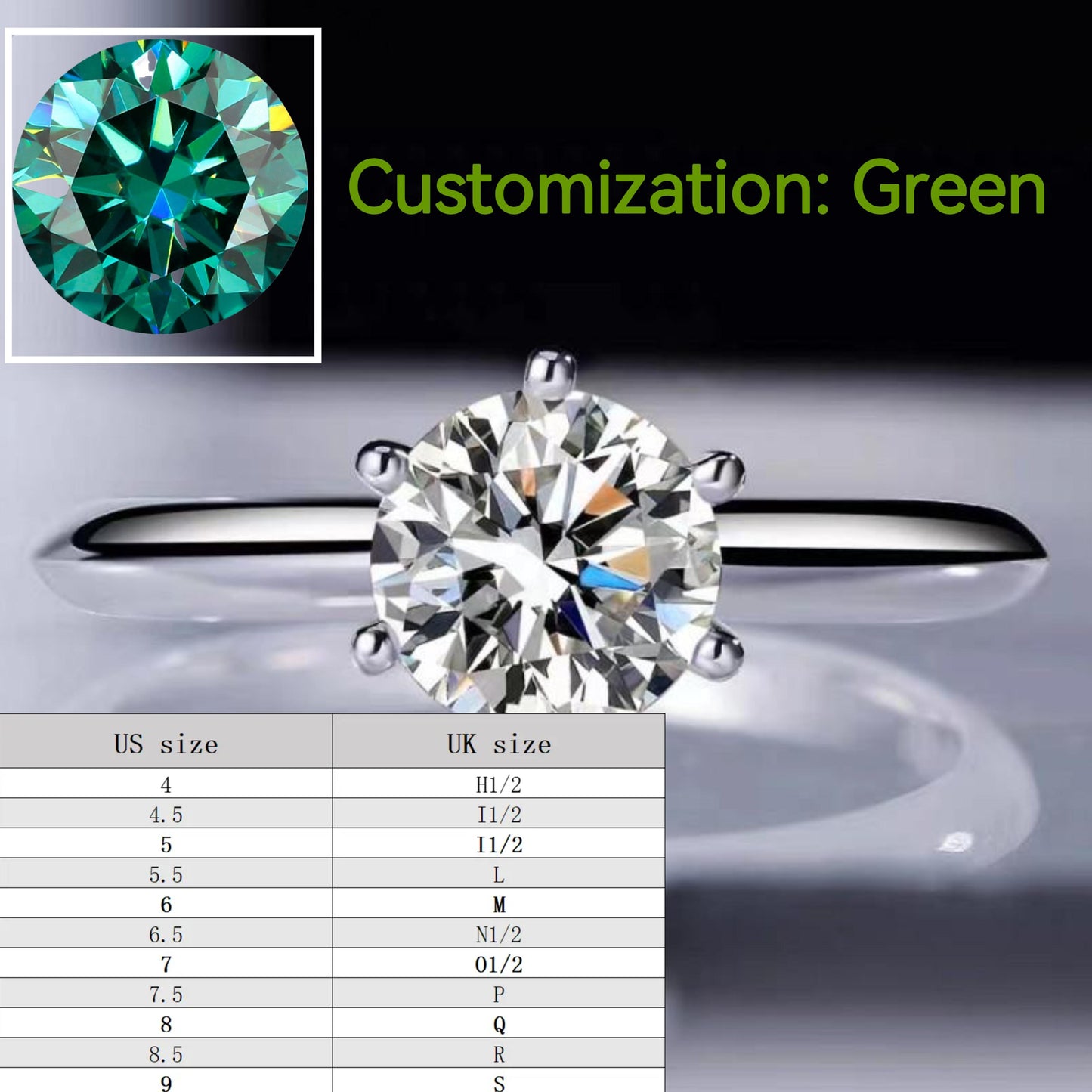 Green-S925 Sterling Silver D Color Synthetic Moissanite Six-claws Ring 1/2/3/5 Carat Elegant Luxury Daily Life Woman Birthday Gift Engagement-235(35%)