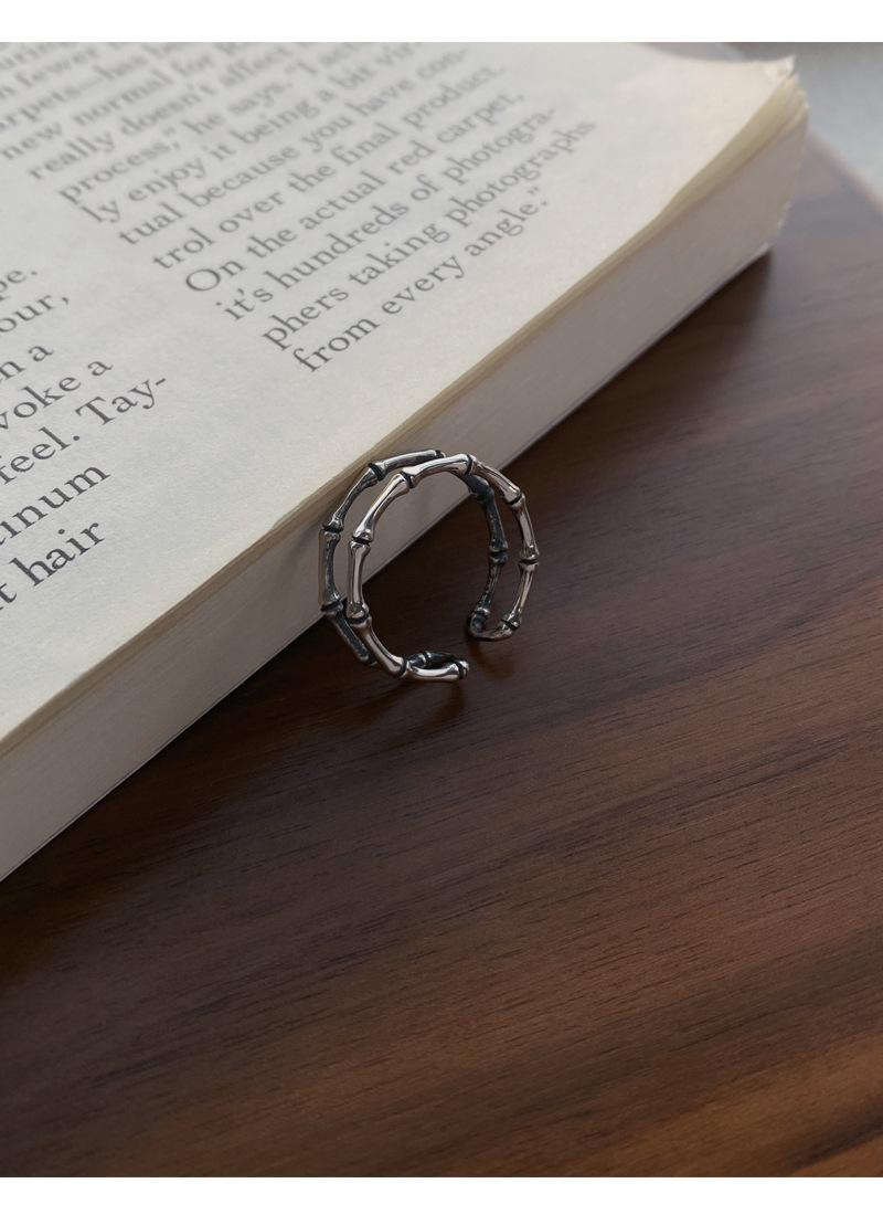 S925 Sterling Silver Vintage Distressed Double Layer Bamboo Knot Ring for Women Open Ring - 502(45%)