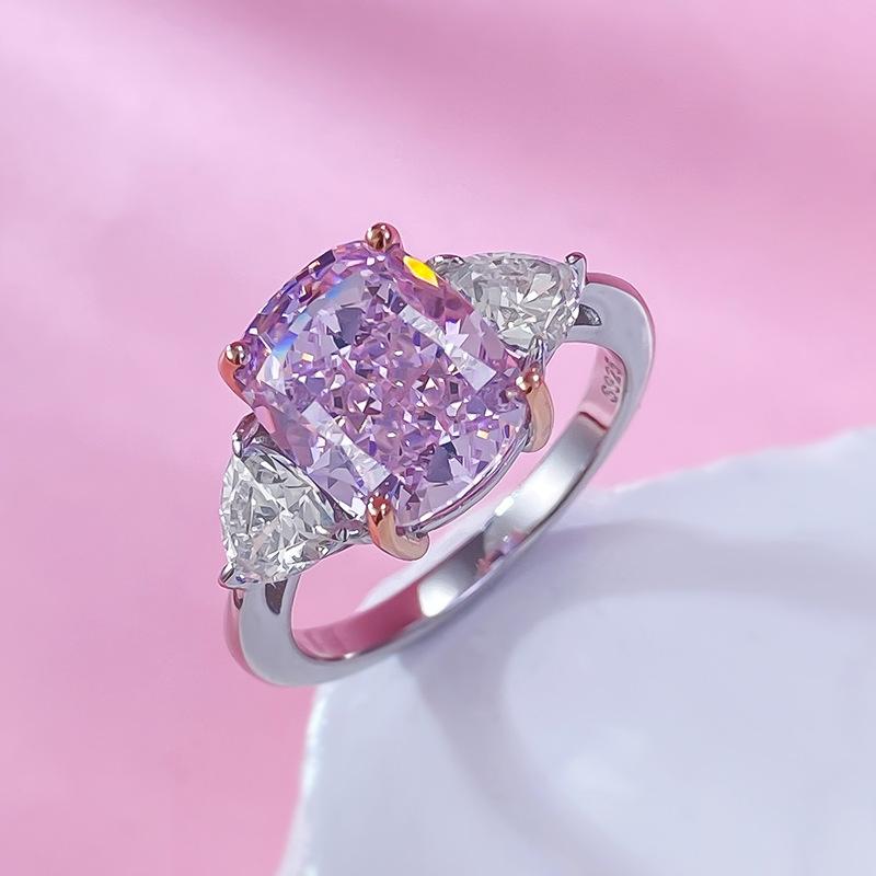 S925 Sterling Silver Pink Three Stones Square 8*10mm 6A Cubic Zirconia Ring-150(45%)