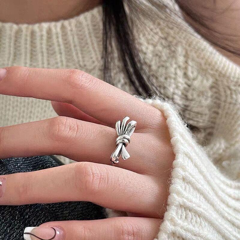 S925 Sterling Silver Vintage Distressed Bow Knot Ring for Women Open Ring -517(45%)
