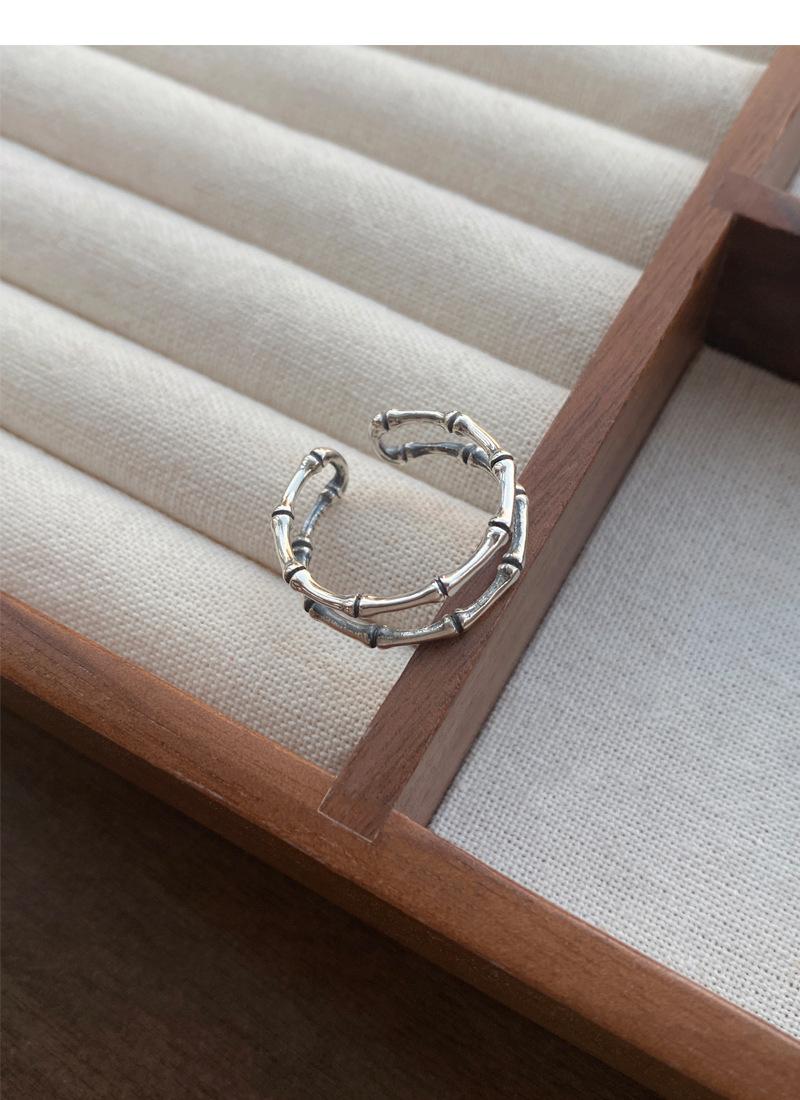 S925 Sterling Silver Vintage Distressed Double Layer Bamboo Knot Ring for Women Open Ring - 502(45%)