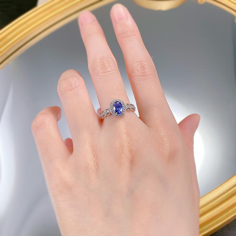 S925 Sterling Silver Blue Cushion Cut Oval Ring 5*7mm 6A Cubic Zirconia Ring-337(35%)