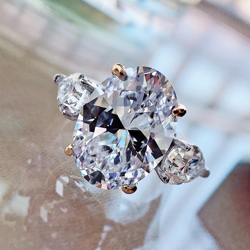 S925 Sterling Silver Purple Three-stones Oval Cut Oval Ring 10*14mm 6A Cubic Zirconia Ring Purple/Yellow/White-365(35%)