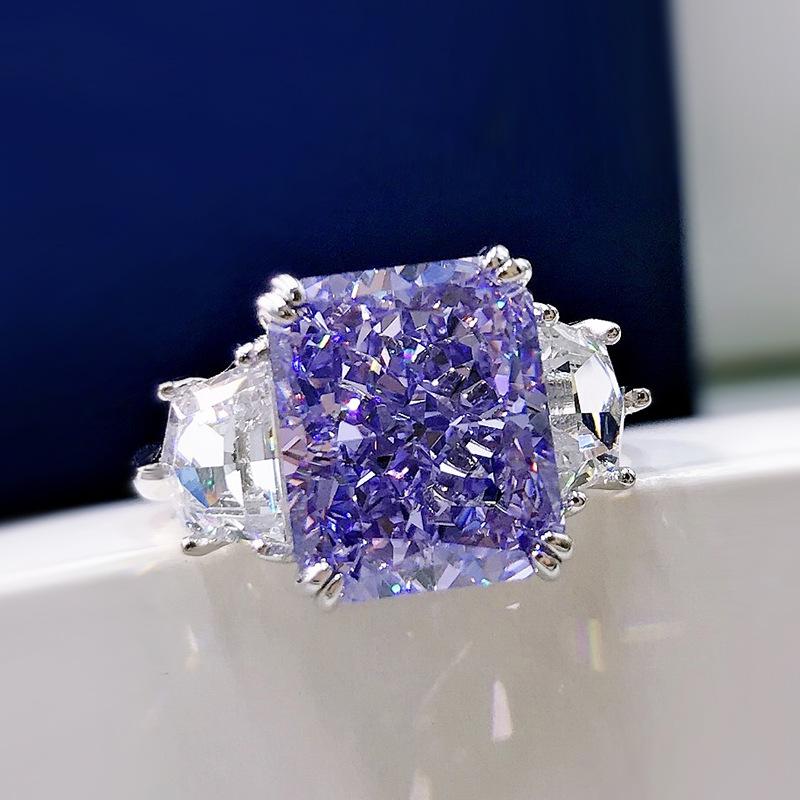 S925 Sterling Silver Yellow/Purple Radiant Cut High Carbon Three Stones Ring 10*12mm 8A Cubic Zirconia Ring-454(25%)