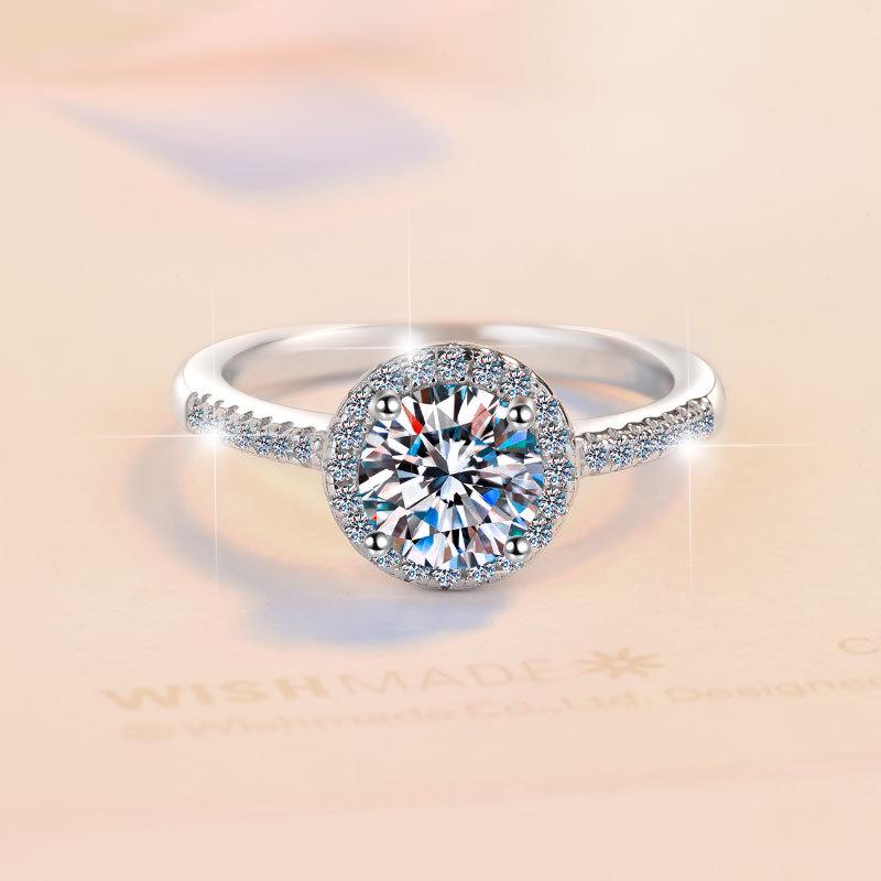 S925 Sterling Silver Round Halo Ring Synthetic Moissanite Ring-156(35%)