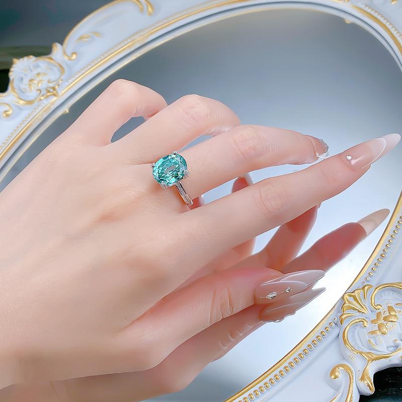 S925 Sterling Silver Green Oval Cut Four Claws Ring 10*12mm 8A Cubic Zirconia Ring-460(25%)
