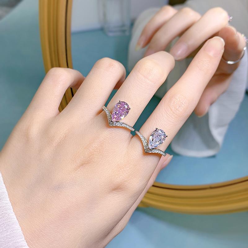 S925 Sterling Silver Purple/White Pear Shaped 7*11mm 8A Cubic Zirconia Ring-442 emerald  ring(25%)
