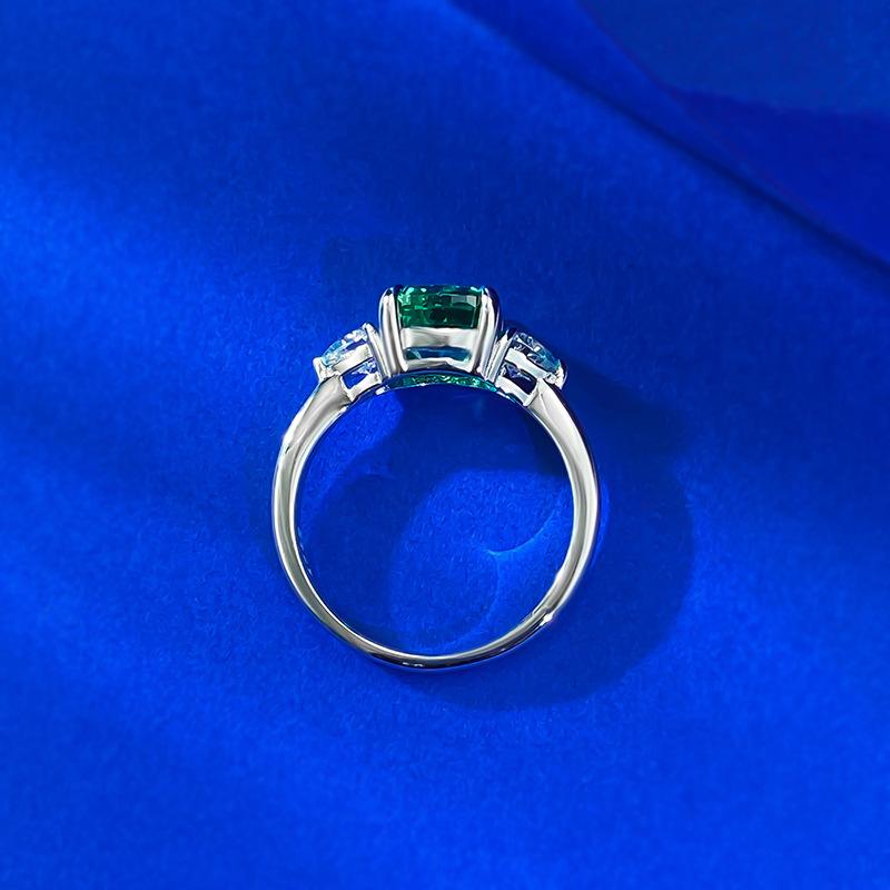 S925 Sterling Silver Green Ice Flower Cut Three Stones Square Four Claws Ring 7*7mm 2 Carat 6A Cubic Zirconia Ring-455(25%)