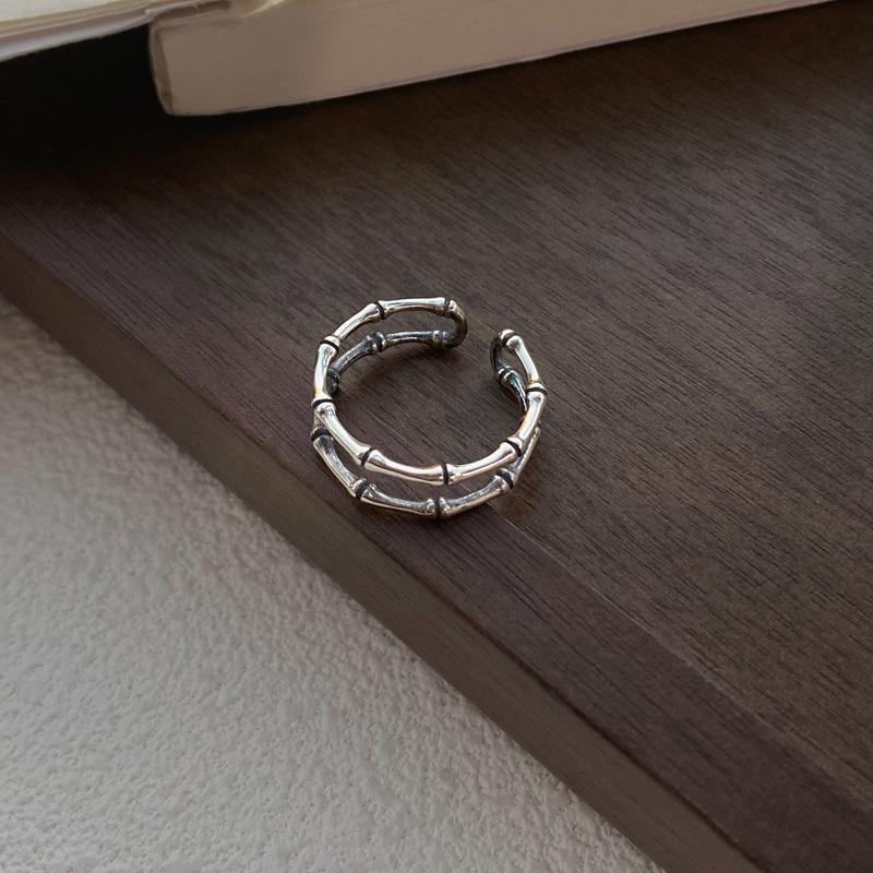 S925 Sterling Silver Vintage Distressed Double Layer Bamboo Knot Ring for Women Open Ring - 502(45%)