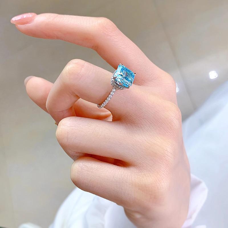 S925 Sterling Silver Blue Asscher Square Cut High Carbon Four Claws Ring 9*9mm 6A Cubic Zirconia Ring-459(25%)