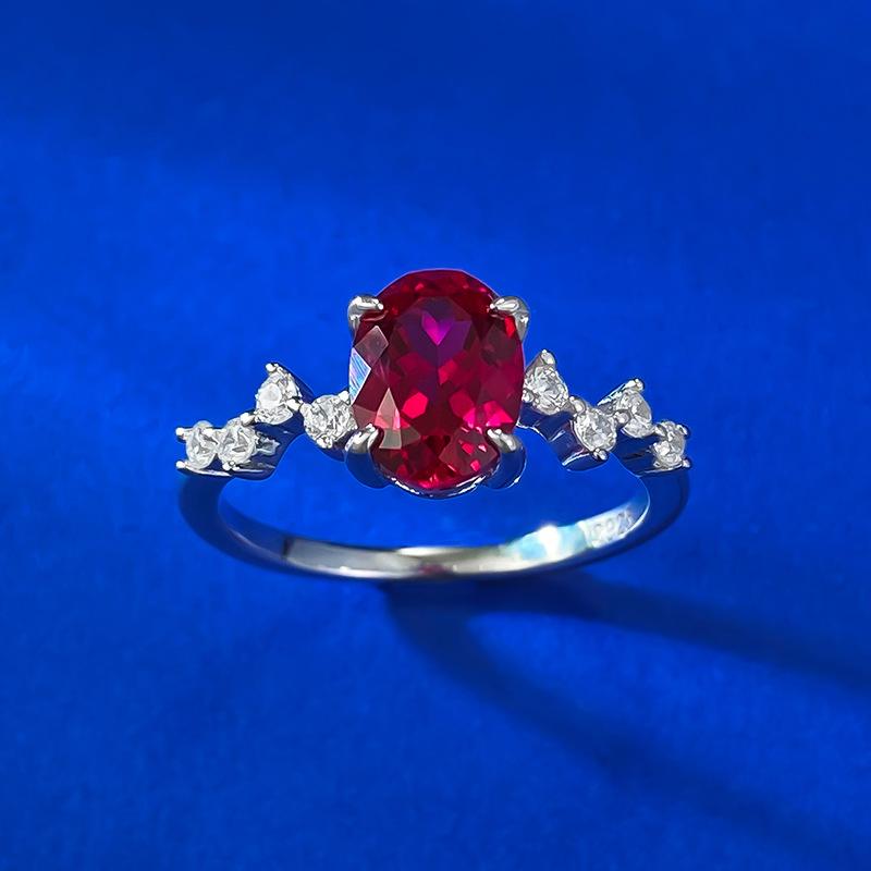 S925 Sterling Silver Red Oval 6*8mm 6A Cubic Zirconia Ring-140(45%)