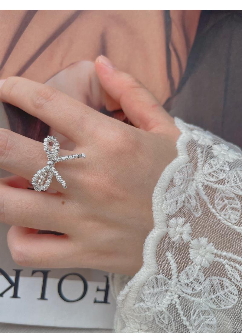 S925 Sterling Silver Broken Silver Bow Elastic Cord Stretch Beaded Ring for Women - 520(45%)
